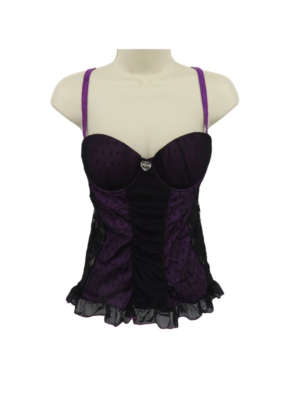 Y2K Playboy Intimates Women Medium Black Purple Ruched Lace Babydoll Top 2005